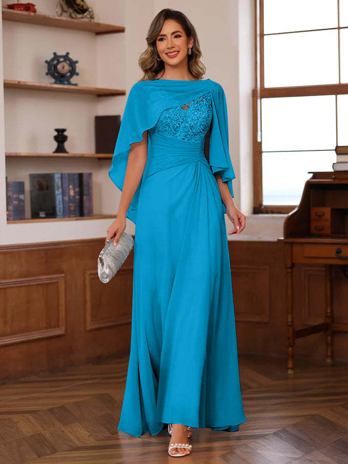 V-Neck A-Line Princess Floor-Length Mother of the Bride Dress with Appliques Ruffles & Wrap in 2 Pics