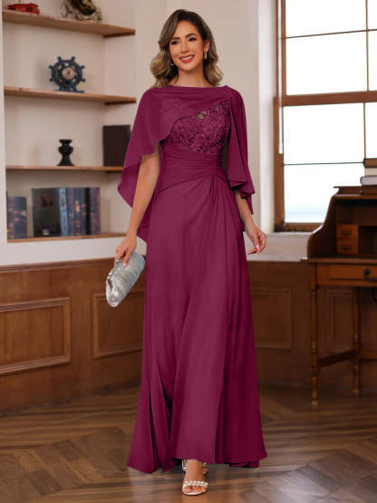 V-Neck A-Line Princess Floor-Length Mother of the Bride Dress with Appliques Ruffles & Wrap in 2 Pics