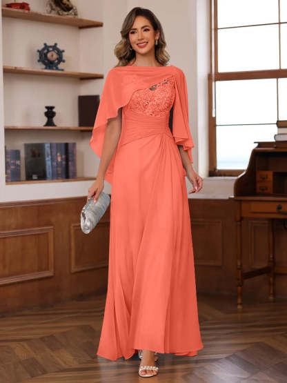 V-Neck A-Line Princess Floor-Length Mother of the Bride Dress with Appliques Ruffles & Wrap in 2 Pics
