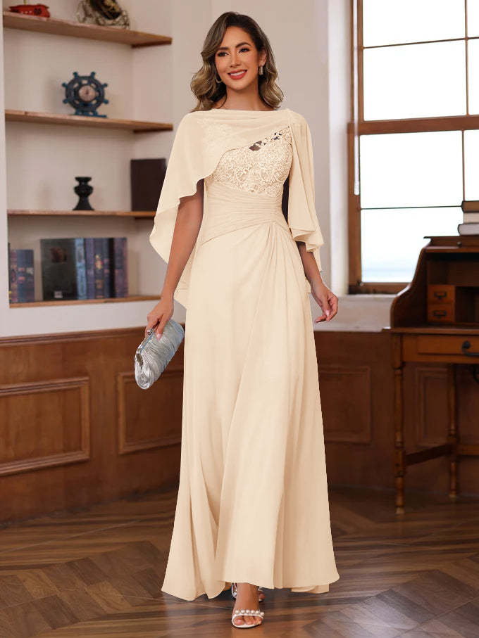V-Neck A-Line Princess Floor-Length Mother of the Bride Dress with Appliques Ruffles & Wrap in 2 Pics