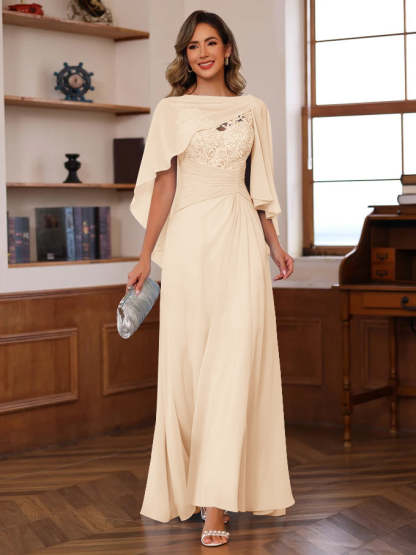 V-Neck A-Line Princess Floor-Length Mother of the Bride Dress with Appliques Ruffles & Wrap in 2 Pics