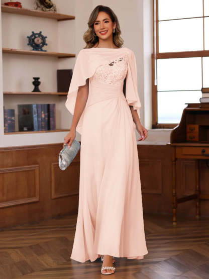 V-Neck A-Line Princess Floor-Length Mother of the Bride Dress with Appliques Ruffles & Wrap in 2 Pics