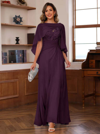 V-Neck A-Line Princess Floor-Length Mother of the Bride Dress with Appliques Ruffles & Wrap in 2 Pics