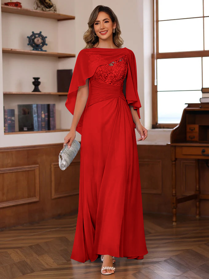 V-Neck A-Line Princess Floor-Length Mother of the Bride Dress with Appliques Ruffles & Wrap in 2 Pics