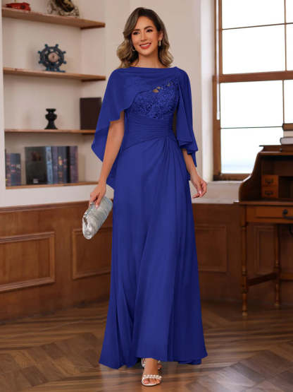 V-Neck A-Line Princess Floor-Length Mother of the Bride Dress with Appliques Ruffles & Wrap in 2 Pics