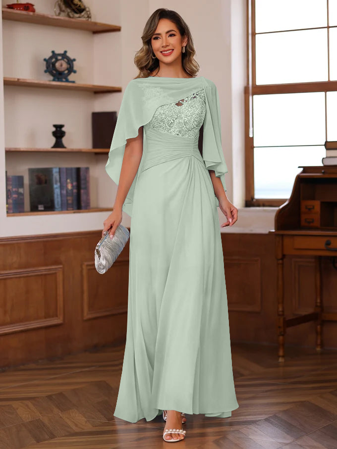 V-Neck A-Line Princess Floor-Length Mother of the Bride Dress with Appliques Ruffles & Wrap in 2 Pics