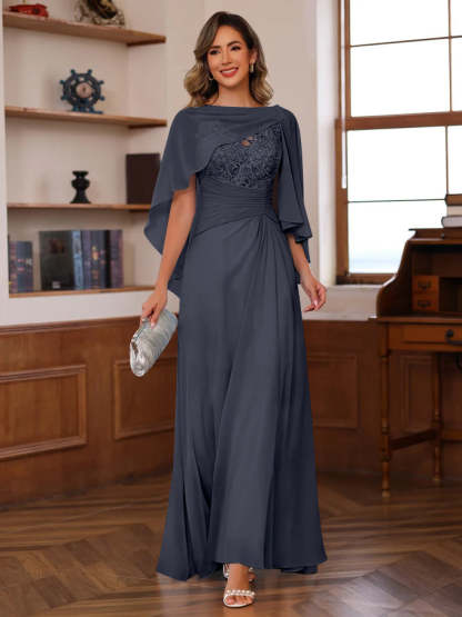 V-Neck A-Line Princess Floor-Length Mother of the Bride Dress with Appliques Ruffles & Wrap in 2 Pics
