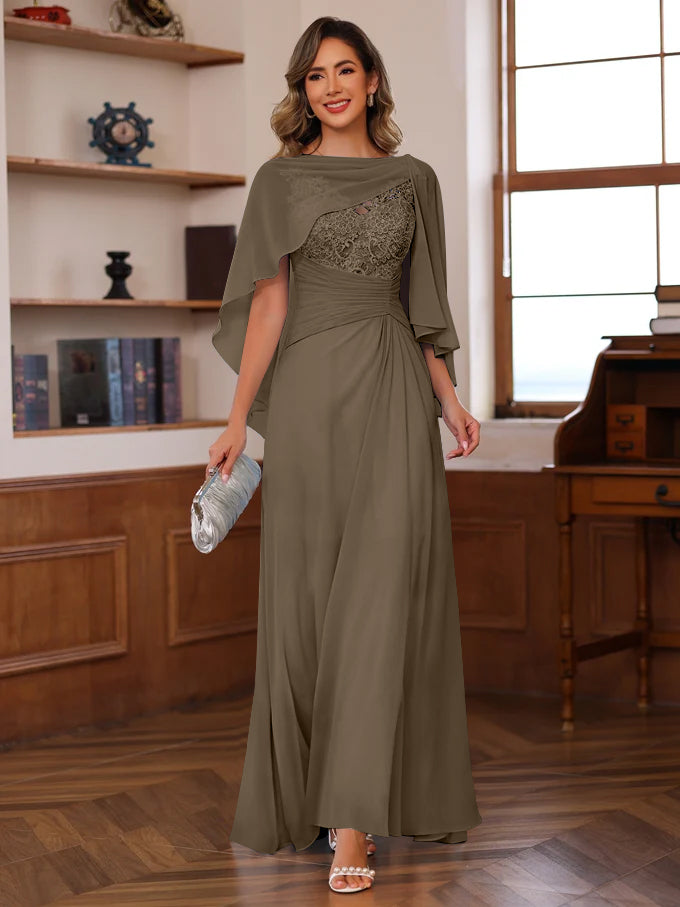 V-Neck A-Line Princess Floor-Length Mother of the Bride Dress with Appliques Ruffles & Wrap in 2 Pics