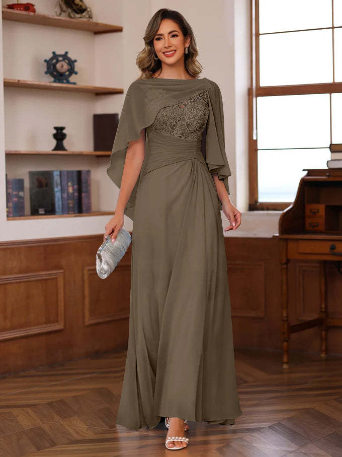 V-Neck A-Line Princess Floor-Length Mother of the Bride Dress with Appliques Ruffles & Wrap in 2 Pics