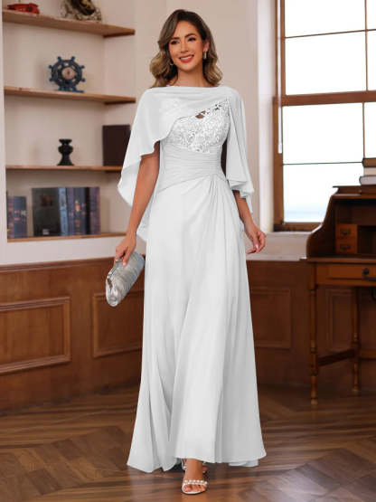 V-Neck A-Line Princess Floor-Length Mother of the Bride Dress with Appliques Ruffles & Wrap in 2 Pics