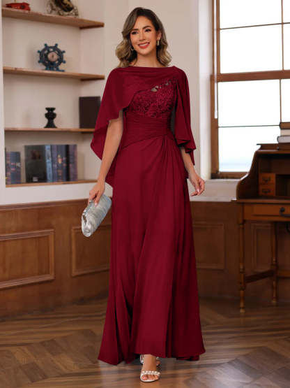 V-Neck A-Line Princess Floor-Length Mother of the Bride Dress with Appliques Ruffles & Wrap in 2 Pics