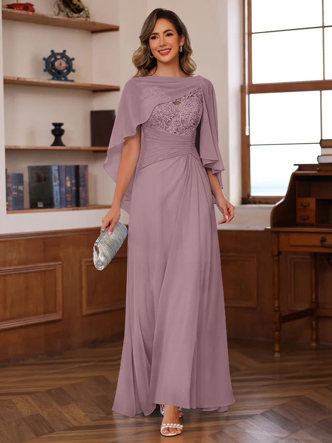 V-Neck A-Line Princess Floor-Length Mother of the Bride Dress with Appliques Ruffles & Wrap in 2 Pics