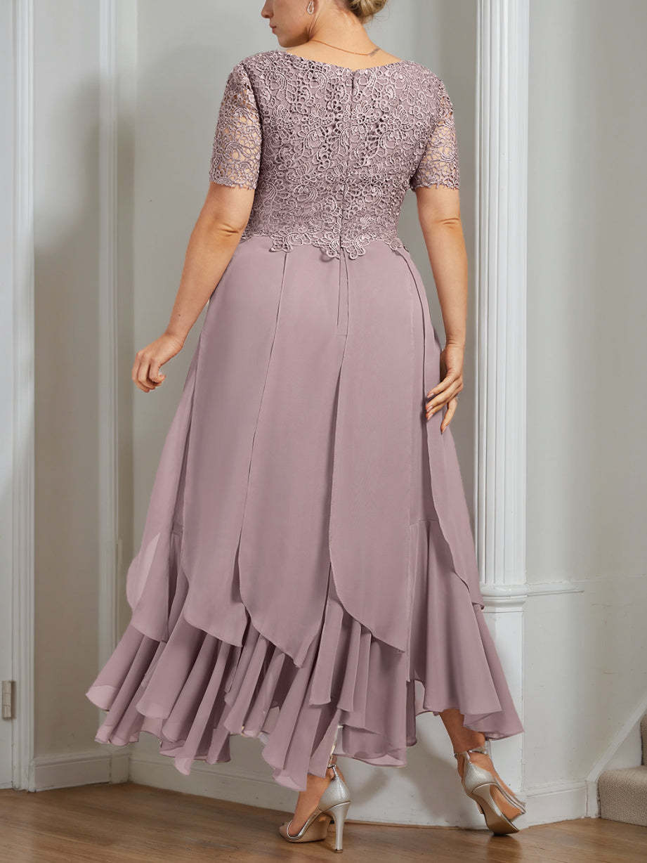 Plus Size Mother of the Bride A-Line Dress with Round Neck Short Sleeves and Cascading Ruffles