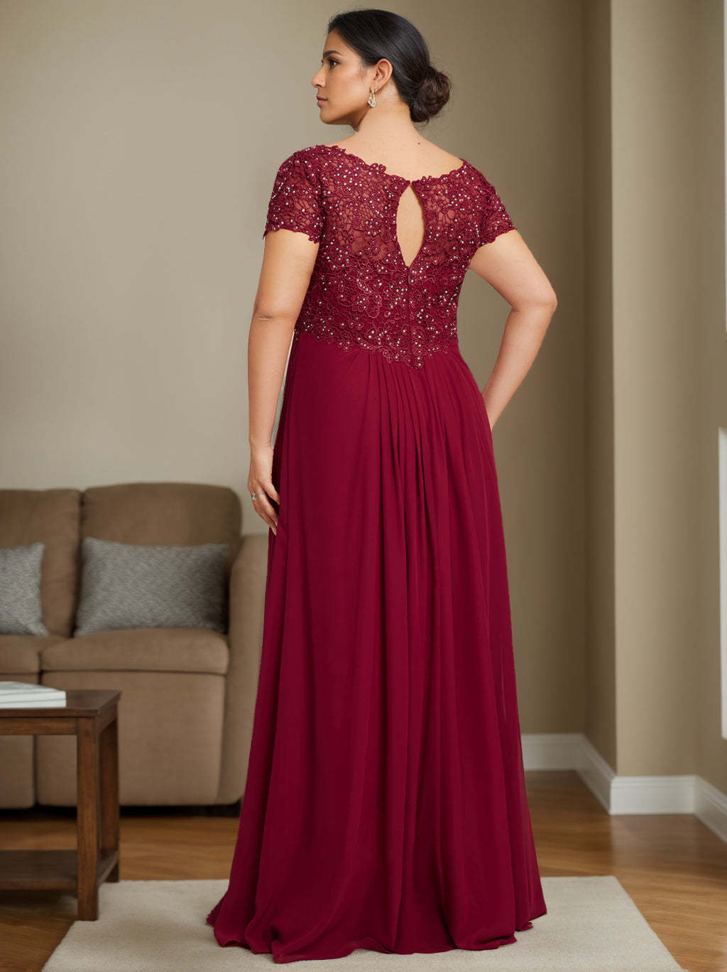 Plus Size V-Neck A-Line Princess Floor-Length Mother of the Bride Dress with Rhinestone and Pleated Details