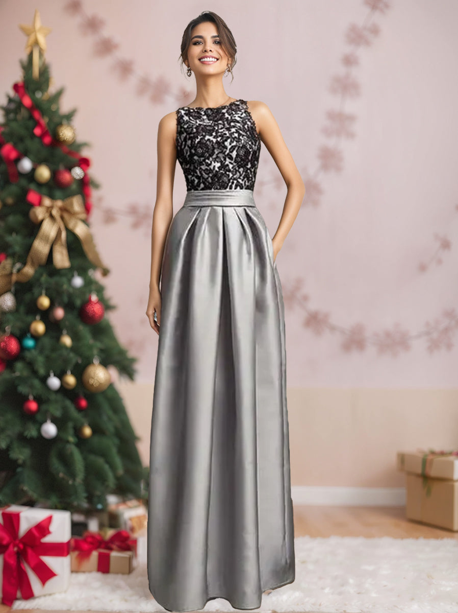 Princess A-Line Scoop Neck Sleeveless Pleated Mother of the Bride Dress with Lace Appliques