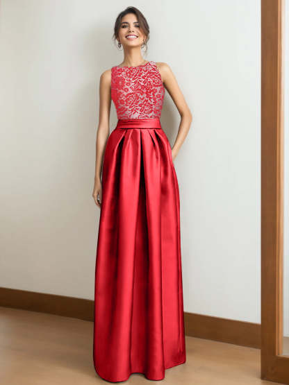 Princess A-Line Scoop Neck Sleeveless Pleated Mother of the Bride Dress with Lace Appliques