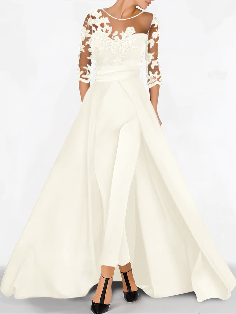 Sweetheart Princess A-Line Floor-Length Jumpsuit with 3/4 Sleeves and Applique for the Mother of the Bride