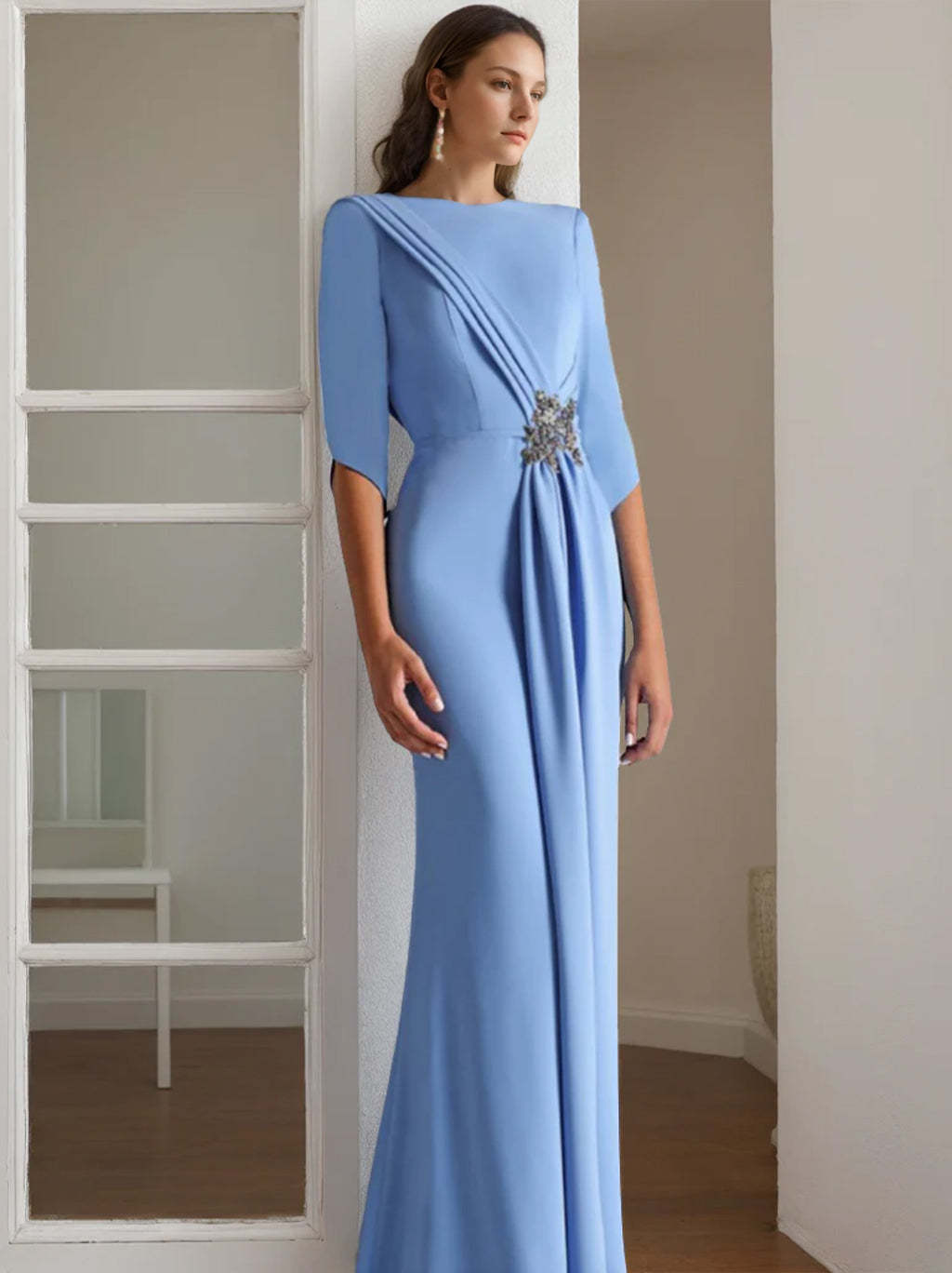 Floor-Length Mother of the Bride & Groom Dresses with Rhinestone Sheath/Column Scoop and 1/2 Length Sleeves