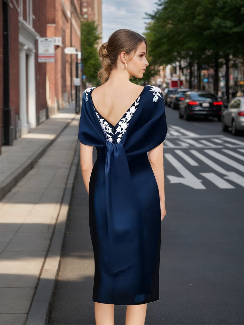 Off-the-Shoulder Short Sleeve Sheath/Column Tea-Length Mother of the Bride Dress with Appliques Embroidery Bowknot & Pearls