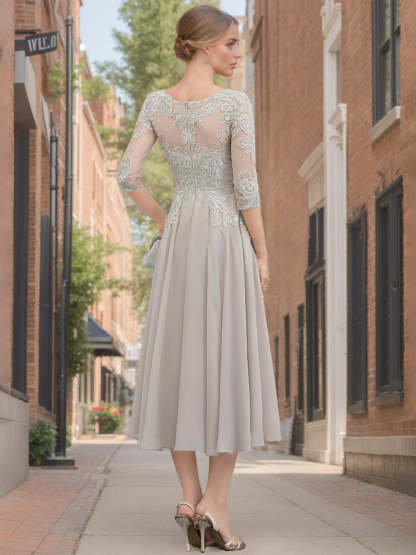 Princess A-Line Scoop Neck Tea-Length Mother of the Bride Dress with Lace and Appliques