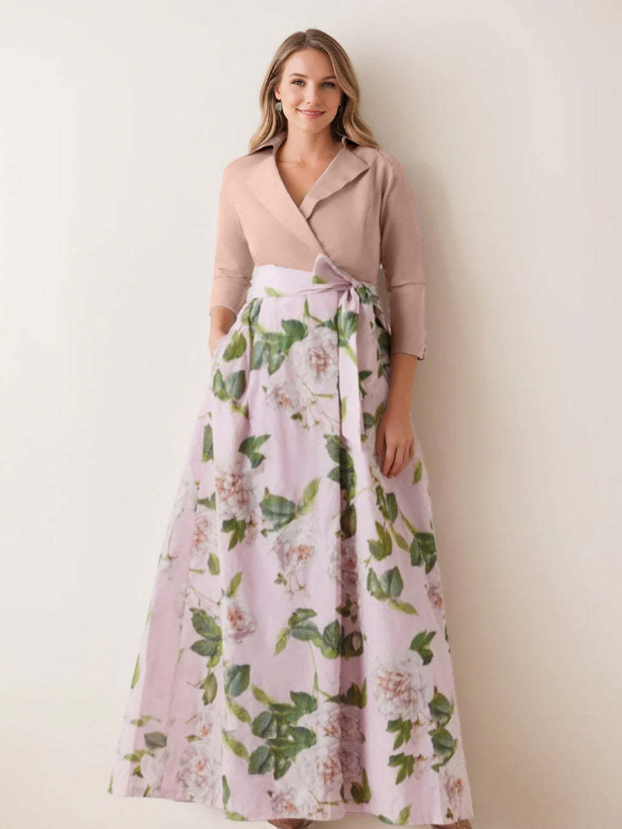Printed Floral Plus Size Mother of the Bride A-Line Dress with V-Neck 3/4 Sleeves and Bow Belt
