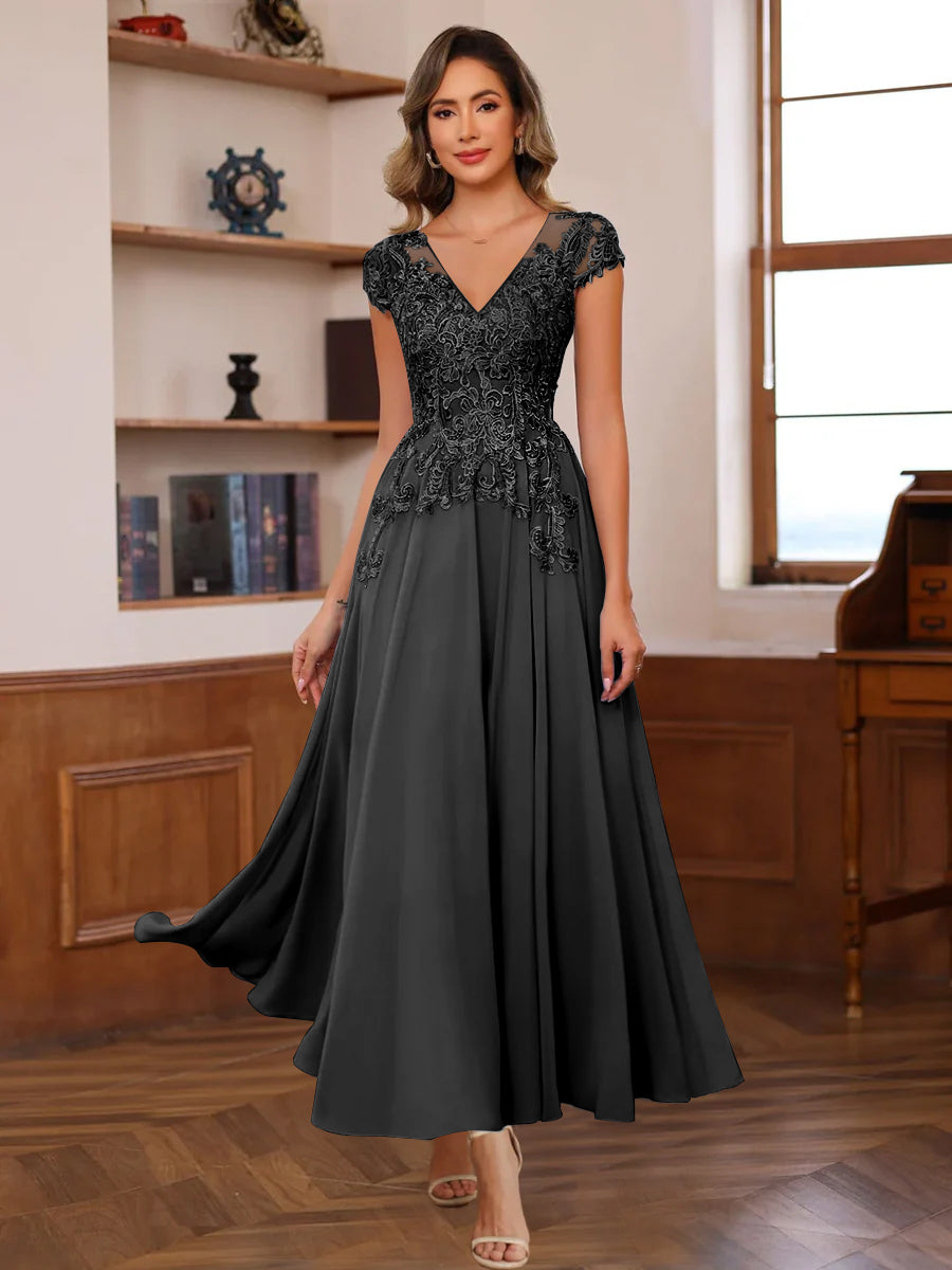 V-Neck A-Line Short Sleeve Ankle-Length Mother of the Bride Dress with Lace Appliques