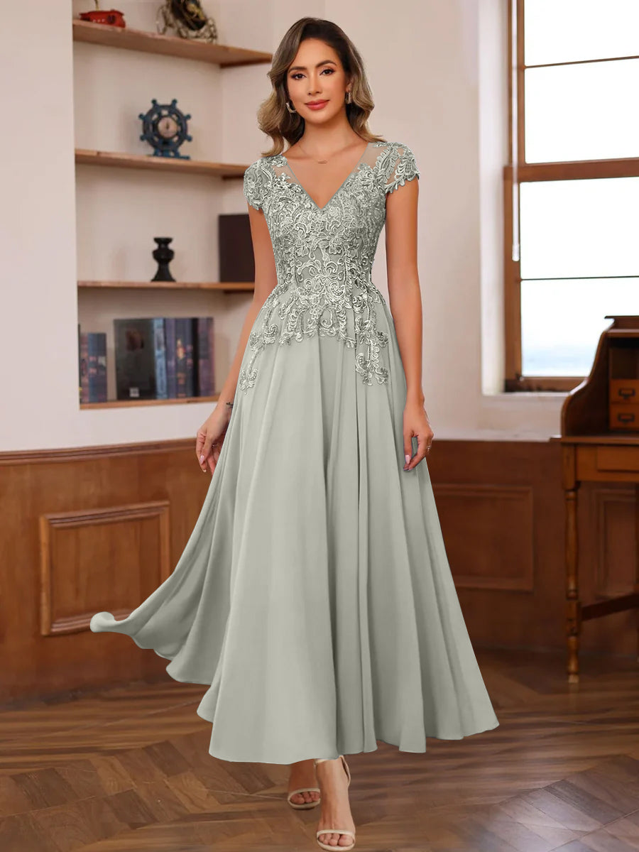 V-Neck A-Line Short Sleeve Ankle-Length Mother of the Bride Dress with Lace Appliques