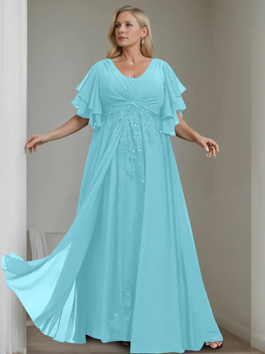 Unique Plus Size V-Neck A-Line Princess Floor-Length Mother of the Bride Dress with Sequins and Half Sleeve Ruffles