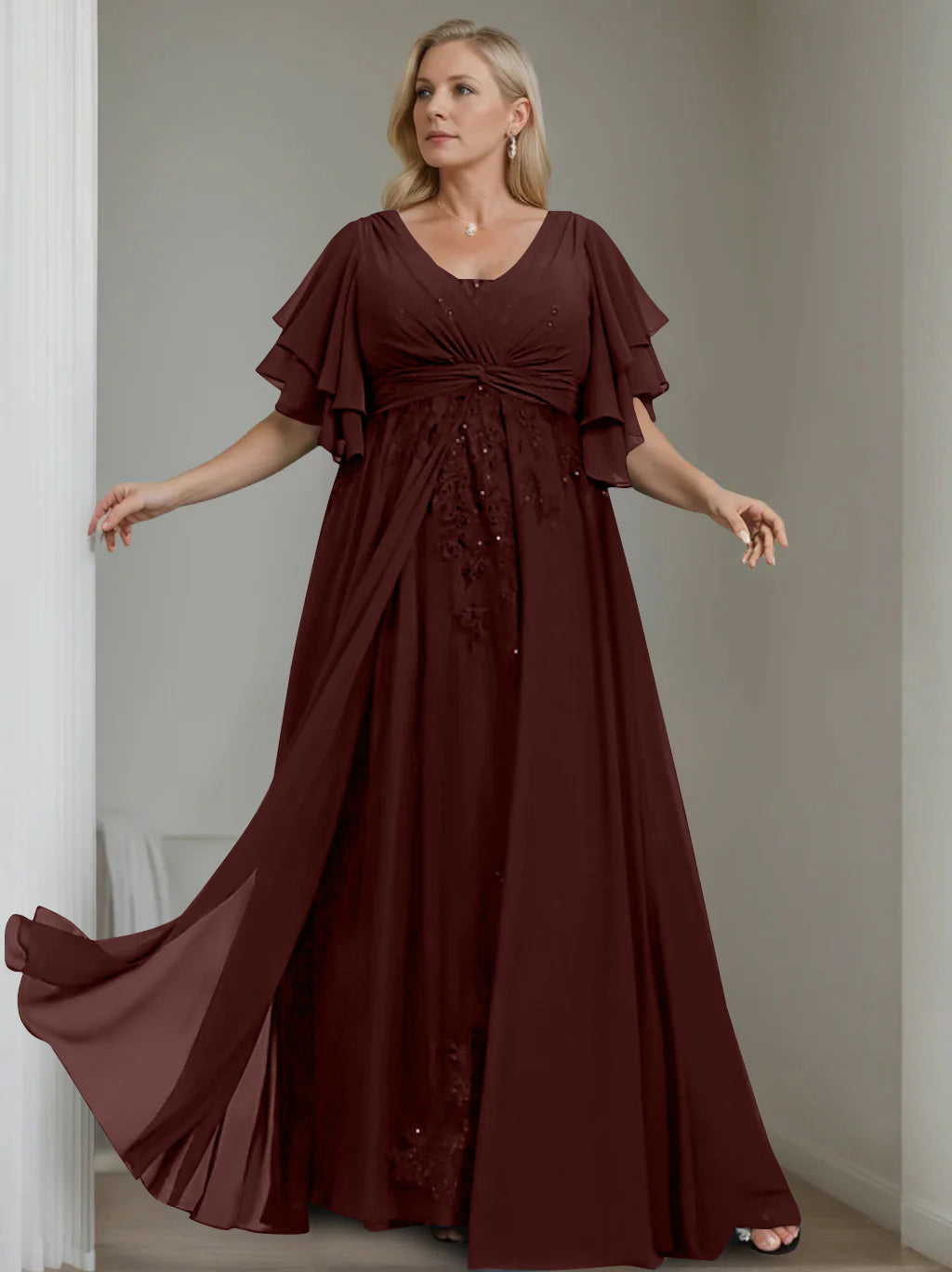 Unique Plus Size V-Neck A-Line Princess Floor-Length Mother of the Bride Dress with Sequins and Half Sleeve Ruffles