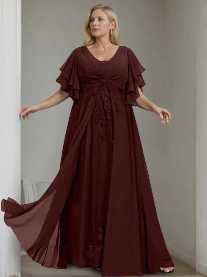 Unique Plus Size V-Neck A-Line Princess Floor-Length Mother of the Bride Dress with Sequins and Half Sleeve Ruffles