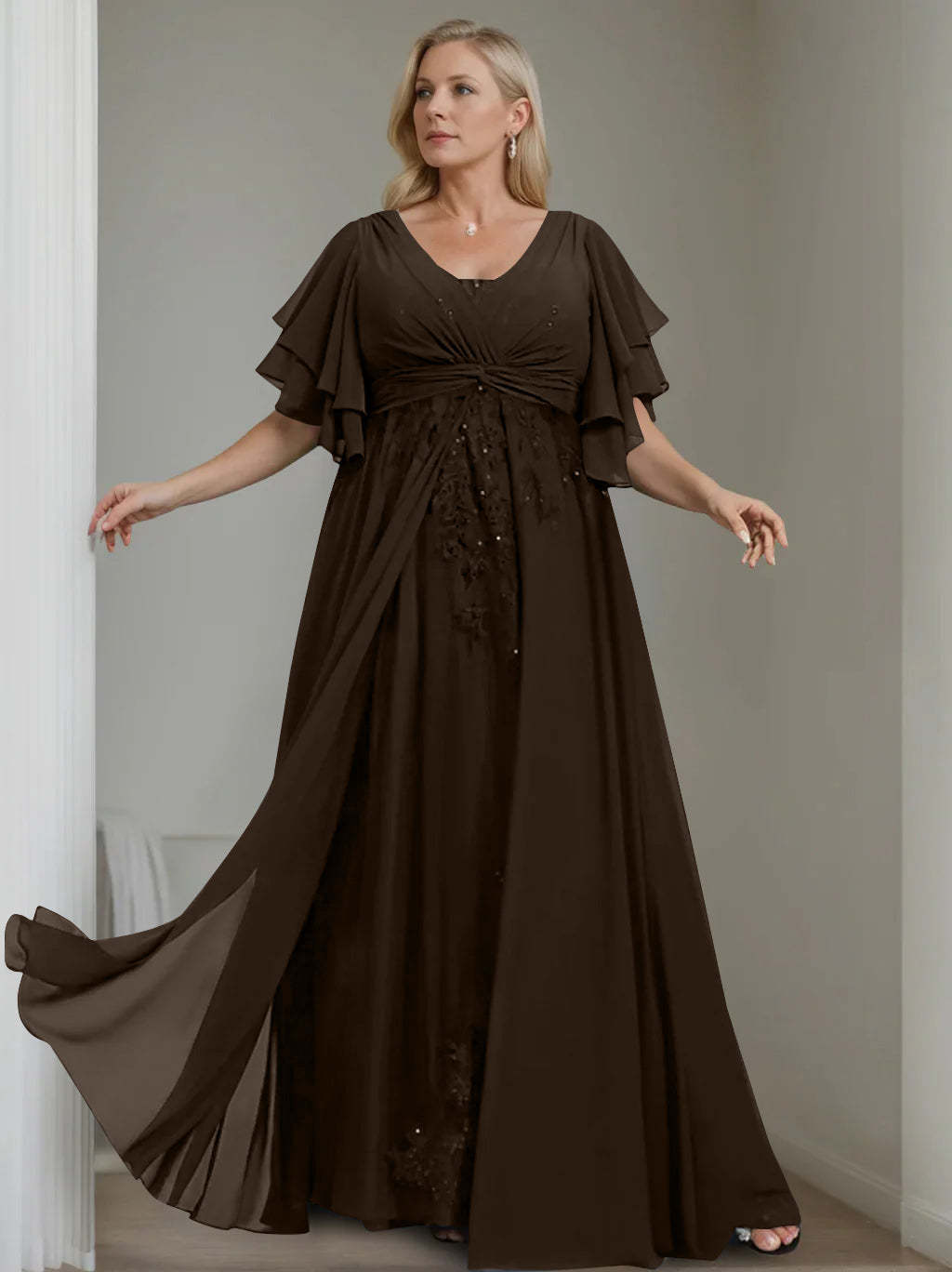 Unique Plus Size V-Neck A-Line Princess Floor-Length Mother of the Bride Dress with Sequins and Half Sleeve Ruffles