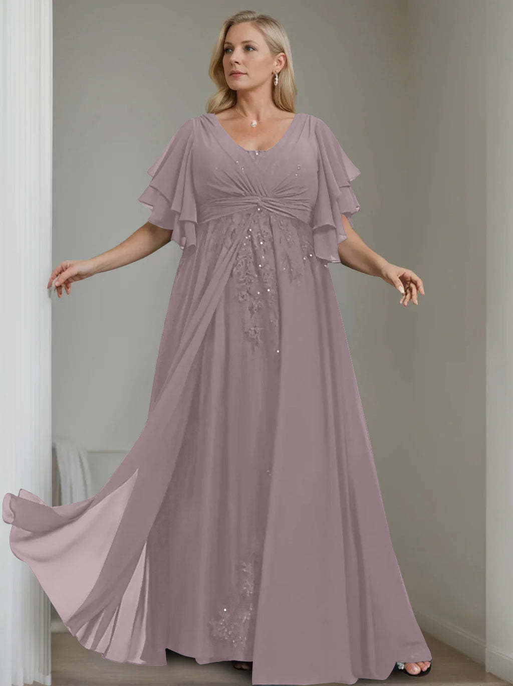 Unique Plus Size V-Neck A-Line Princess Floor-Length Mother of the Bride Dress with Sequins and Half Sleeve Ruffles