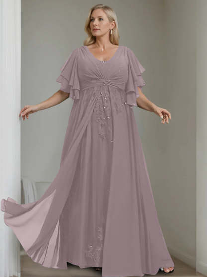 Unique Plus Size V-Neck A-Line Princess Floor-Length Mother of the Bride Dress with Sequins and Half Sleeve Ruffles