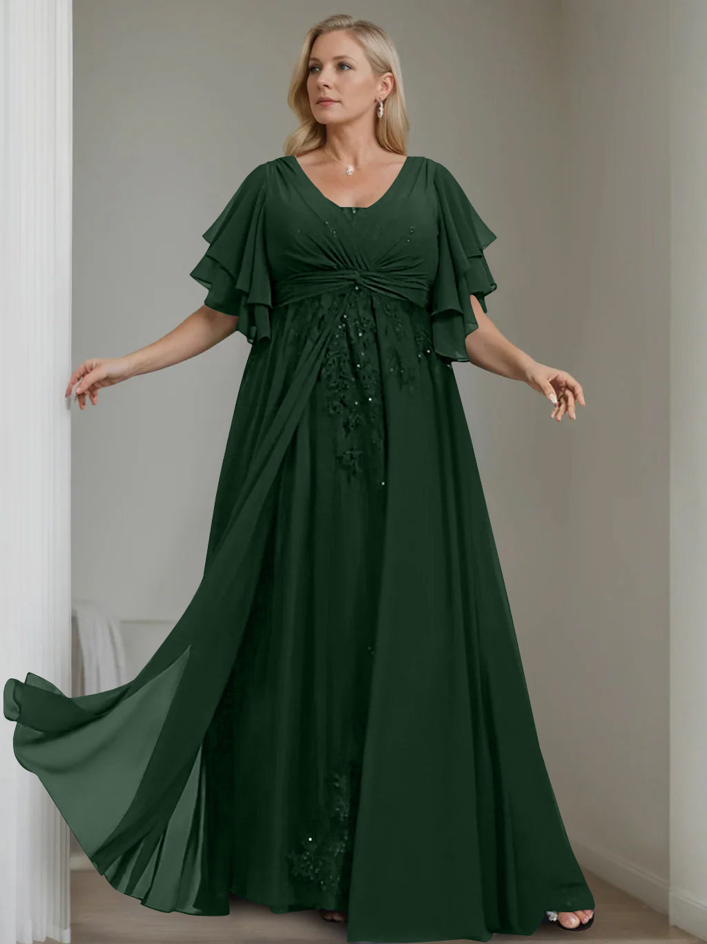 Unique Plus Size V-Neck A-Line Princess Floor-Length Mother of the Bride Dress with Sequins and Half Sleeve Ruffles