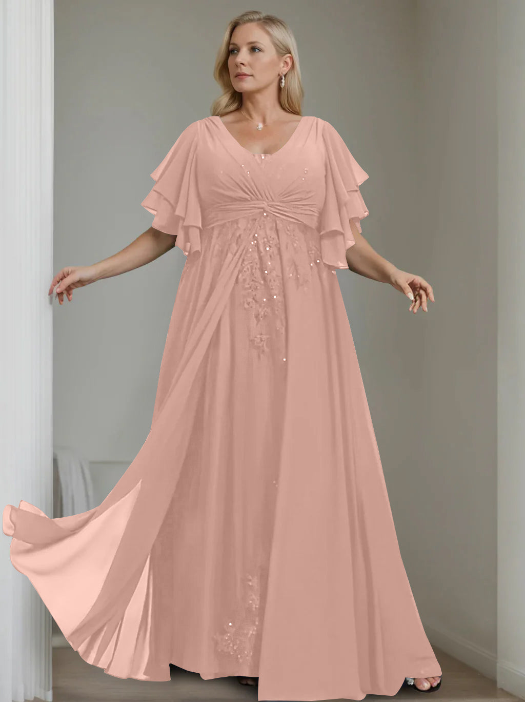 Unique Plus Size V-Neck A-Line Princess Floor-Length Mother of the Bride Dress with Sequins and Half Sleeve Ruffles