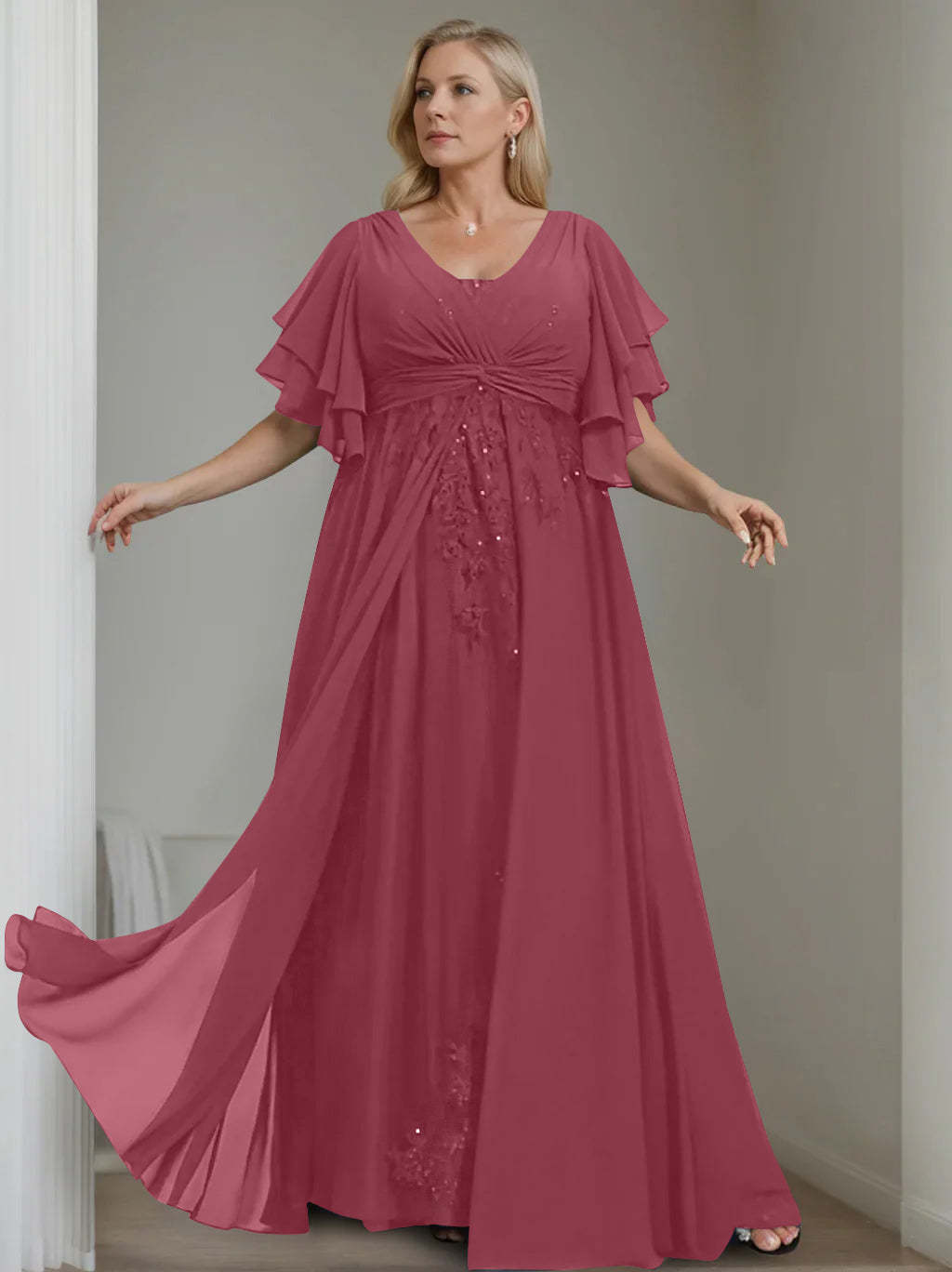 Unique Plus Size V-Neck A-Line Princess Floor-Length Mother of the Bride Dress with Sequins and Half Sleeve Ruffles
