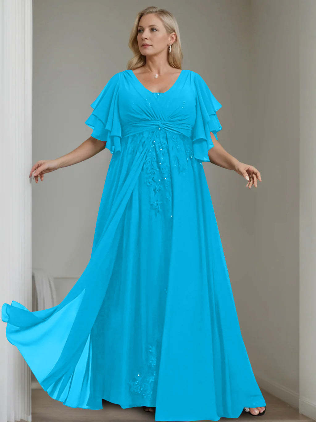 Unique Plus Size V-Neck A-Line Princess Floor-Length Mother of the Bride Dress with Sequins and Half Sleeve Ruffles