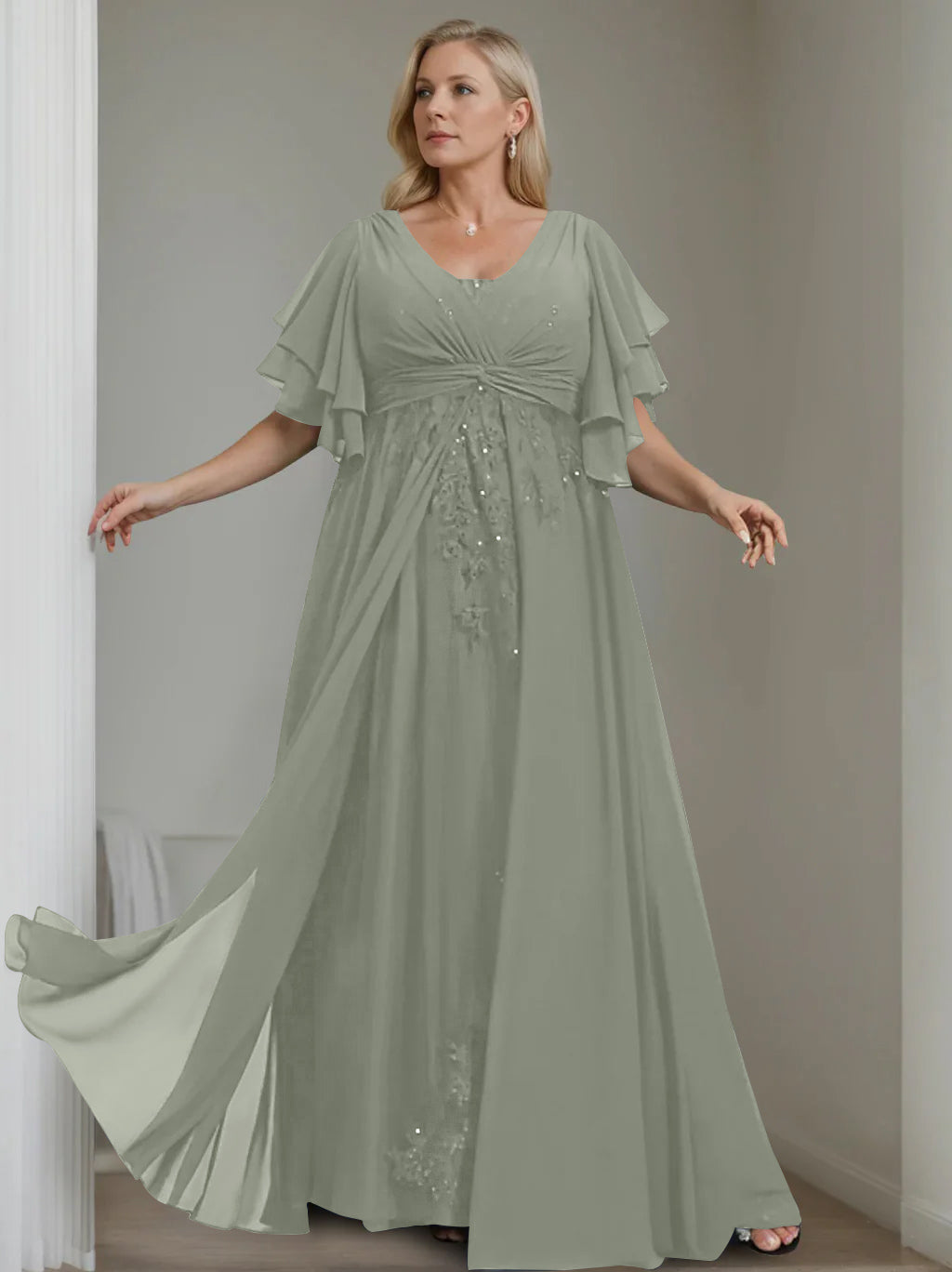 Unique Plus Size V-Neck A-Line Princess Floor-Length Mother of the Bride Dress with Sequins and Half Sleeve Ruffles