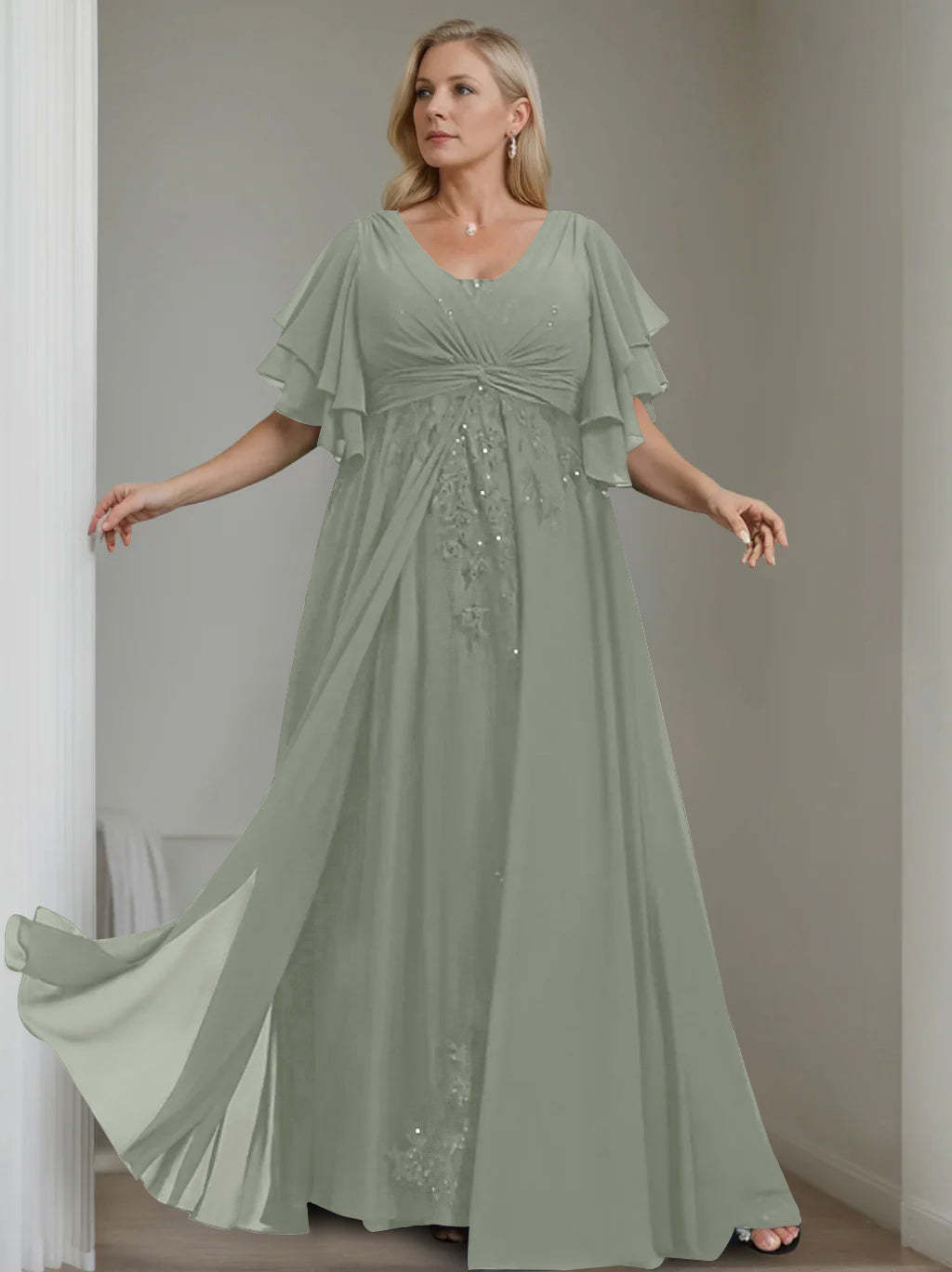 Unique Plus Size V-Neck A-Line Princess Floor-Length Mother of the Bride Dress with Sequins and Half Sleeve Ruffles