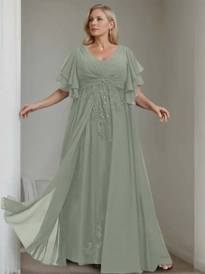 Unique Plus Size V-Neck A-Line Princess Floor-Length Mother of the Bride Dress with Sequins and Half Sleeve Ruffles