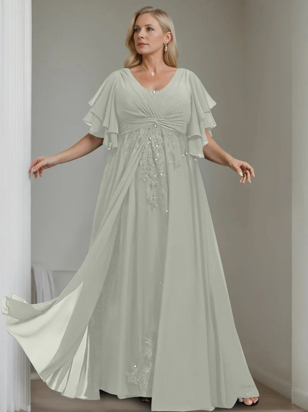Unique Plus Size V-Neck A-Line Princess Floor-Length Mother of the Bride Dress with Sequins and Half Sleeve Ruffles