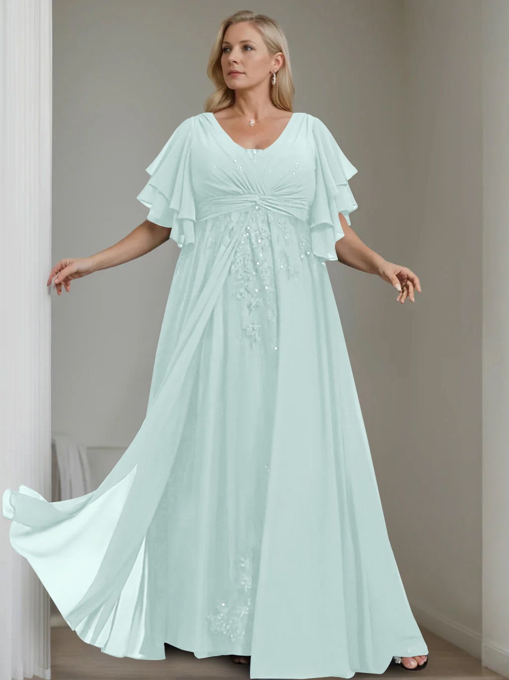 Unique Plus Size V-Neck A-Line Princess Floor-Length Mother of the Bride Dress with Sequins and Half Sleeve Ruffles