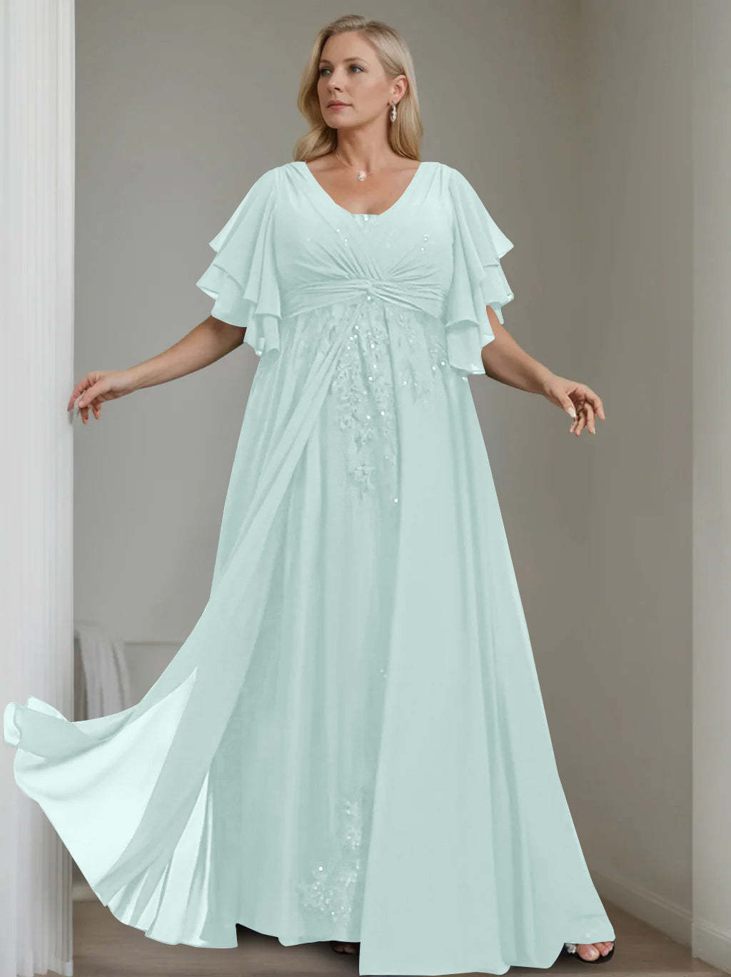 Unique Plus Size V-Neck A-Line Princess Floor-Length Mother of the Bride Dress with Sequins and Half Sleeve Ruffles