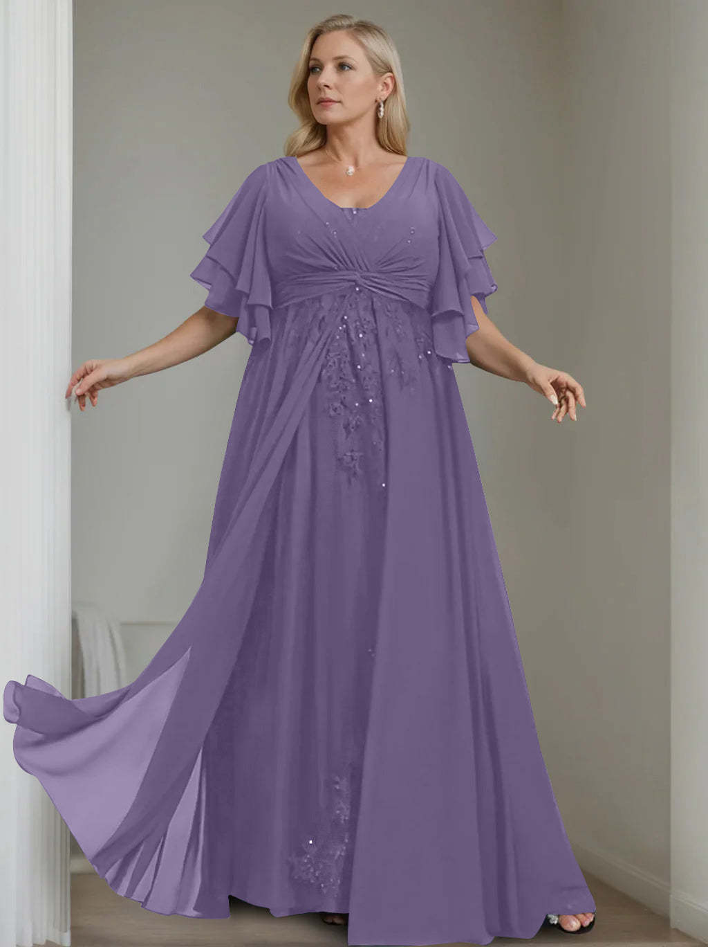 Unique Plus Size V-Neck A-Line Princess Floor-Length Mother of the Bride Dress with Sequins and Half Sleeve Ruffles