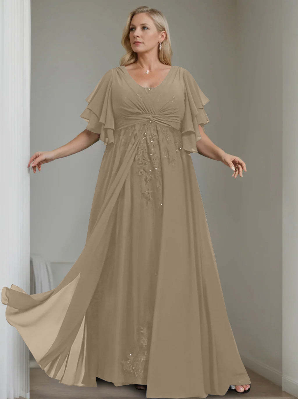 Unique Plus Size V-Neck A-Line Princess Floor-Length Mother of the Bride Dress with Sequins and Half Sleeve Ruffles