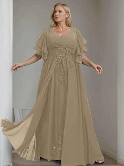Unique Plus Size V-Neck A-Line Princess Floor-Length Mother of the Bride Dress with Sequins and Half Sleeve Ruffles