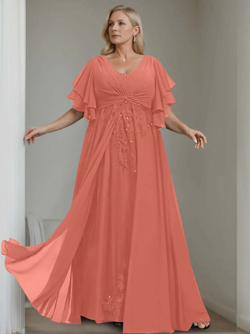 Unique Plus Size V-Neck A-Line Princess Floor-Length Mother of the Bride Dress with Sequins and Half Sleeve Ruffles