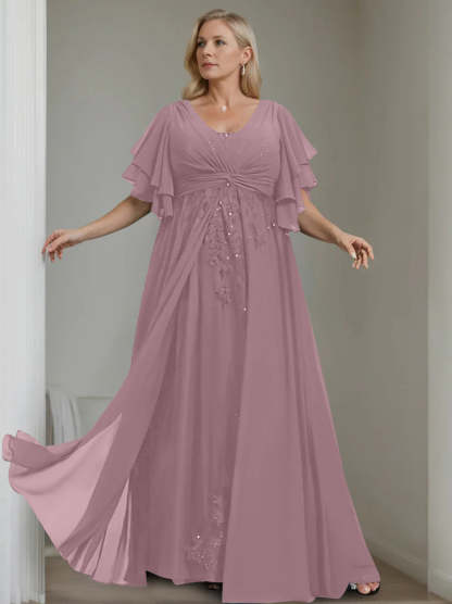 Unique Plus Size V-Neck A-Line Princess Floor-Length Mother of the Bride Dress with Sequins and Half Sleeve Ruffles
