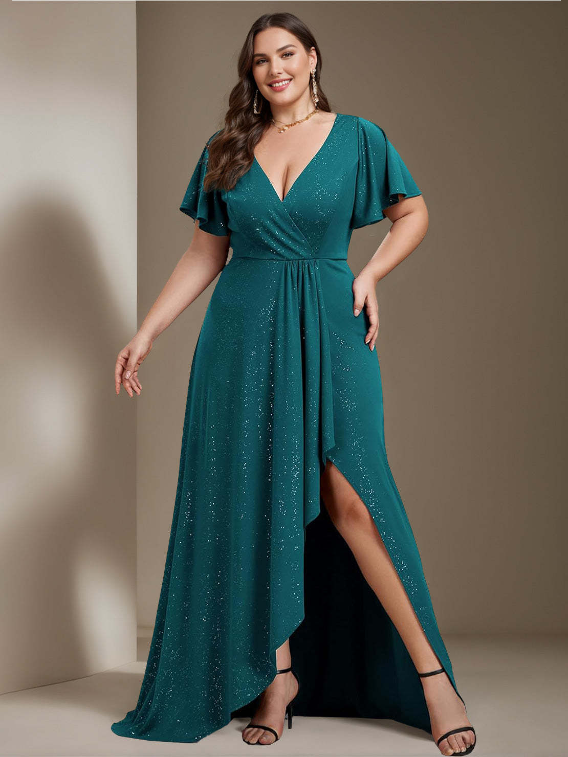 Plus Size Asymmetrical A-Line Princess Dress with Deep V-Neck and Ruffled Short Sleeves