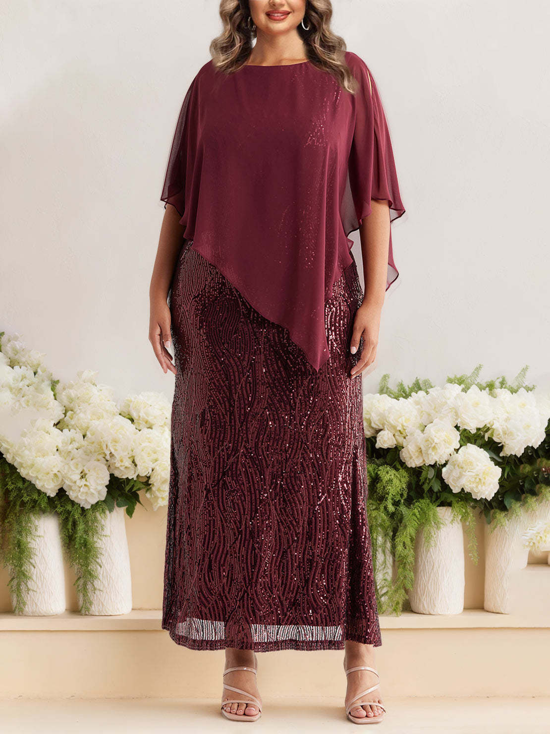 Plus Size Sequined A-Line Mother of the Bride Dress with Scoop Neck and Half Sleeves